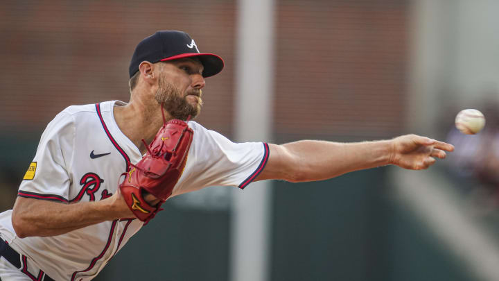 Jul 3, 2024; Cumberland, Georgia, USA; Atlanta Braves starting pitcher Chris Sale (51) pitches against the San Francisco Giants  during the first inning at Truist Park. Mandatory Credit: Dale Zanine-USA TODAY Sports