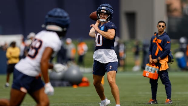 Denver Broncos quarterback Bo Nix (10) during training camp at Broncos Park Powered by CommonSpirit.