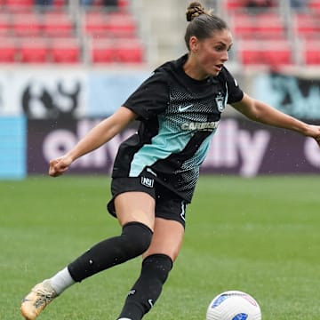 May 4, 2025; Harrison, New Jersey, USA; Gotham FC forward Sarah Schupansky (11) dribbles during the first half against Chicago Stars FC at Sports Illustrated Stadium. Mandatory Credit: Lucas Boland-Imagn Images