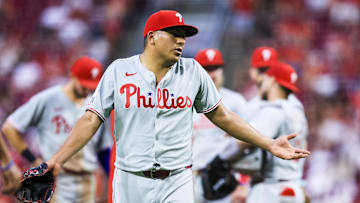 Aug 12, 2025; Cincinnati, Ohio, USA; Philadelphia Phillies starting pitcher Ranger Suárez (55) walks off the field during a pitching change in the sixth inning against the Cincinnati Reds at Great American Ball Park.