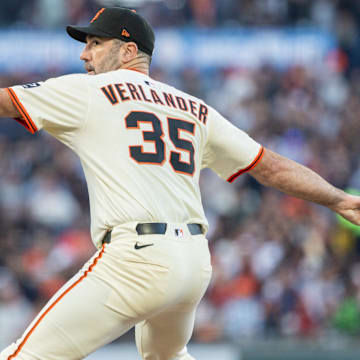 Jun 18, 2025; San Francisco, California, USA; San Francisco Giants pitcher Justin Verlander (35) throws a pitch during the fourth inning against the Cleveland Guardians at Oracle Park.