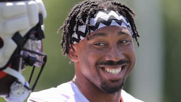 Cleveland Browns defensive end Myles Garrett flashes a smile during training camp.