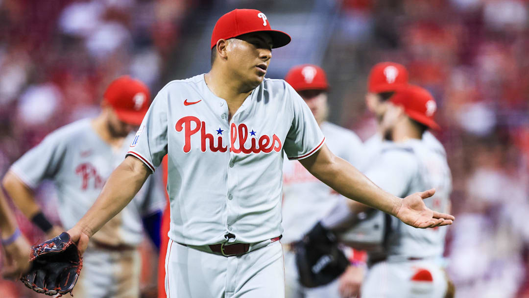 Aug 12, 2025; Cincinnati, Ohio, USA; Philadelphia Phillies starting pitcher Ranger Suarez (55) walks off the field during a pitching change in the sixth inning against the Cincinnati Reds at Great American Ball Park. Mandatory Credit: Katie Stratman-Imagn Images