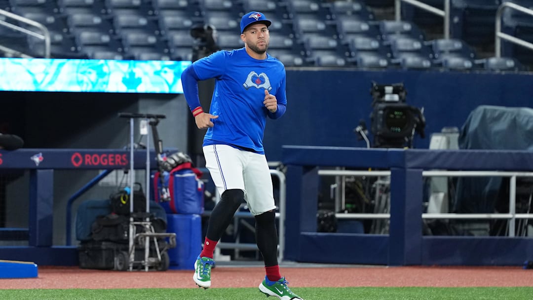 Apr 28, 2026; Toronto, Ontario, CAN; Toronto Blue Jays designated hitter George Springer (4) works out during batting practice before a game against the Boston Red Sox at Rogers Centre. Mandatory Credit: Nick Turchiaro-Imagn Images