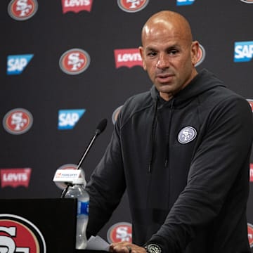 San Francisco 49ers defensive coordinator Robert Saleh speaks to the media.