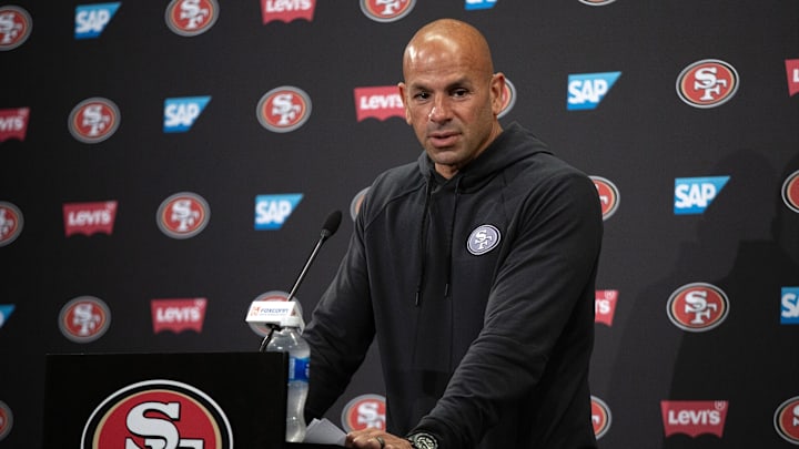San Francisco 49ers defensive coordinator Robert Saleh speaks to the media.