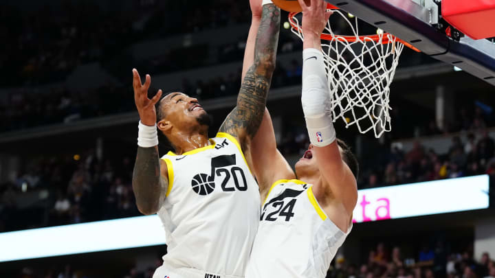 Oct 30, 2023; Denver, Colorado, USA; Utah Jazz forward John Collins (20) is called for a goal tending while next to center Walker Kessler (24) in the fourth quarter against the Denver Nuggets at Ball Arena. Mandatory Credit: Ron Chenoy-USA TODAY Sports