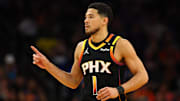 Phoenix Suns guard Devin Booker reacts after a play against the Oklahoma City Thunder.