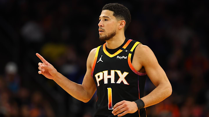 Phoenix Suns guard Devin Booker reacts after a play against the Oklahoma City Thunder.