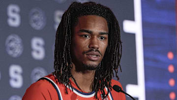 Oct 10, 2024; Charlotte, NC, USA;  Syracuse player Chris Bell at The Hilton Charlotte Uptown. Mandatory Credit: Jim Dedmon-Imagn Images