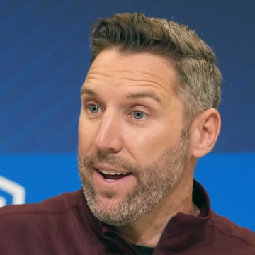 Washington Commanders general manager Adam Peters speaks during the NFL Scouting Combine.