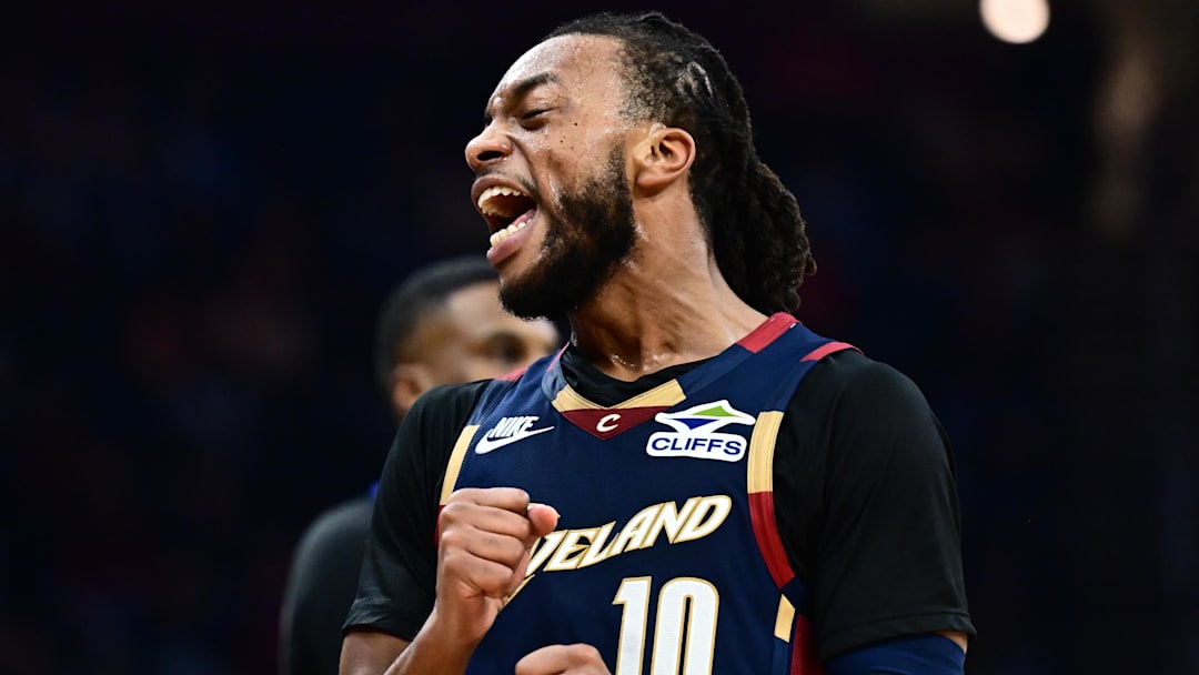 Dec 6, 2025; Cleveland, Ohio, USA; Cleveland Cavaliers guard Darius Garland (10) reacts after a misse basket against the Golden State Warriors during the first half at Rocket Arena. Mandatory Credit: Ken Blaze-Imagn Images