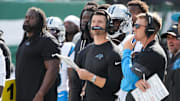 Oct 19, 2025; East Rutherford, New Jersey, USA; Carolina Panthers head coach Dave Canales looks on in the first quarter against the Carolina Panthers at MetLife Stadium. Mandatory Credit: Robert Deutsch-Imagn Images