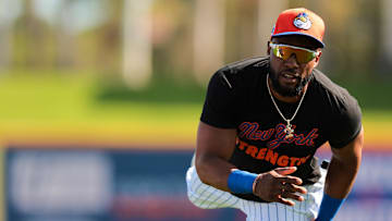 Feb 17, 2025; Port St. Lucie, FL, USA; New York Mets right fielder Starling Marte (6) works during a spring training workout at Clover Park. Mandatory Credit: Sam Navarro-Imagn Images