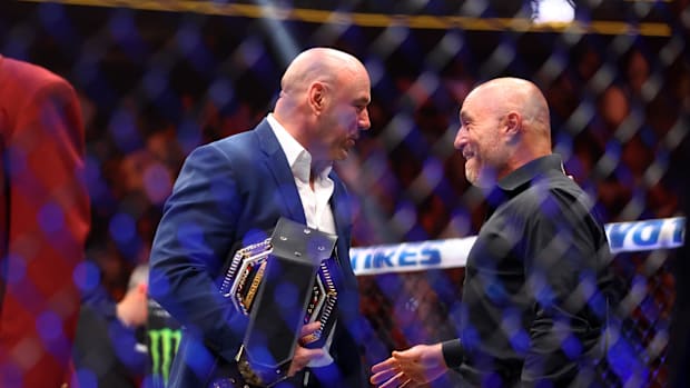 UFC president Dana White with Joe Rogan during UFC 300 at T-Mobile Arena. 