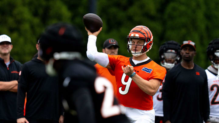 Cincinnati Bengals quarterback Joe Burrow (9) throws a pass at Cincinnati Bengals training camp on the Kettering Health Practice Fields in Cincinnati on Sunday, July 28, 2024.