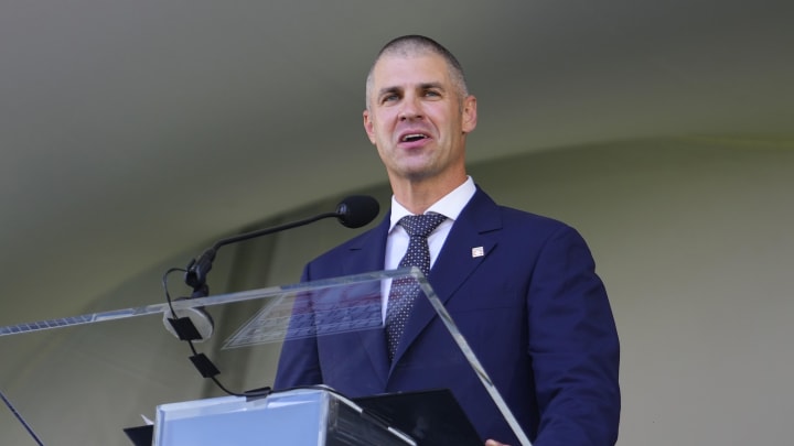 Hall of Fame Inductee Joe Mauer makes his acceptance speech during the National Baseball Hall of Fame Induction Ceremony in Cooperstown, NY on July 21.