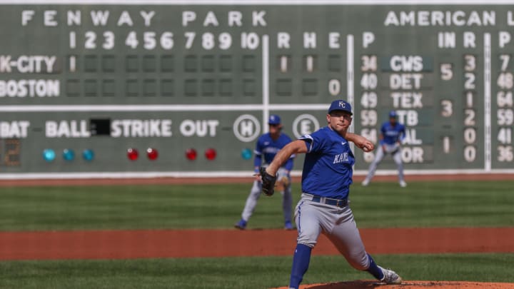 Sep 18, 2022; Boston, Massachusetts, USA; Kansas City Royals starting pitcher Kris Bubic (50) throws a pitch during the first inning against the Boston Red Sox at Fenway Park. Mandatory Credit: Paul Rutherford-USA TODAY Sports