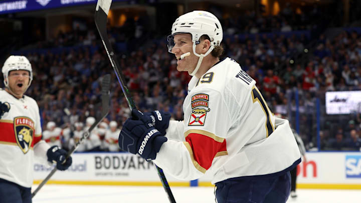 Apr 22, 2025; Tampa, Florida, USA; Florida Panthers left wing Matthew Tkachuk (19) celebrates after he scored a goal against the Tampa Bay Lightning during the second period in game one of the first round of the 2025 Stanley Cup Playoffs at Amalie Arena. Mandatory Credit: Kim Klement Neitzel-Imagn Images Apr 22, 2025; Tampa, Florida, USA; Florida Panthers left wing Matthew Tkachuk (19) celebrates after he scored a goal against the Tampa Bay Lightning during the second period in game one of the first round of the 2025 Stanley Cup Playoffs at Amalie Arena. Mandatory Credit: Kim Klement Neitzel-Imagn Images