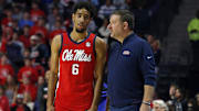 Nov 11, 2025; Oxford, Mississippi, USA; Mississippi Rebels head coach Chris Beard talks with guard Ilias Kamardine (6) during the second half against the Memphis Tigers at The Sandy and John Black Pavilion at Ole Miss. Mandatory Credit: Petre Thomas-Imagn Images