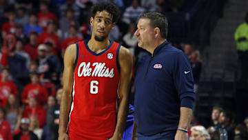 Nov 11, 2025; Oxford, Mississippi, USA; Mississippi Rebels head coach Chris Beard talks with guard Ilias Kamardine (6) during the second half against the Memphis Tigers at The Sandy and John Black Pavilion at Ole Miss. Mandatory Credit: Petre Thomas-Imagn Images