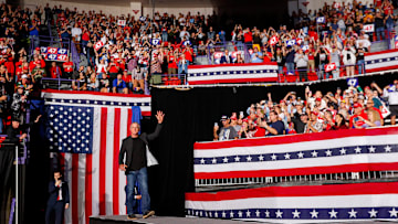 Former Green Bay Packers quarterback Brett Favre takes the stage during a campaign rally for Republican presidential nominee Donald Trump on Wednesday, October 30, 2024, at the Resch Center in Ashwaubenon, Wis. 