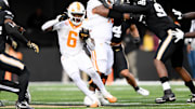 Nov 30, 2024; Nashville, Tennessee, USA;  Tennessee Volunteers running back Dylan Sampson (6) runs the ball against the Vanderbilt Commodores during the second half at FirstBank Stadium. Mandatory Credit: Steve Roberts-Imagn Images