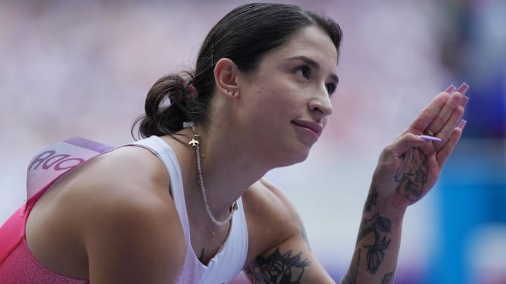 Aug 2, 2024; Paris, FRANCE; Ewa Swoboda (POL) after the women's 100m round 1 during the Paris 2024 Olympic Summer Games at Stade de France. 