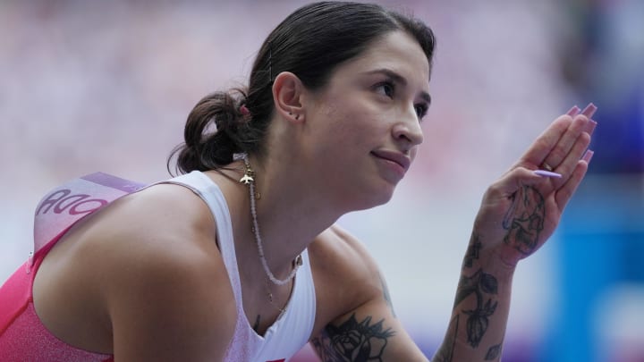 Aug 2, 2024; Paris, FRANCE; Ewa Swoboda (POL) after the women's 100m round 1 during the Paris 2024 Olympic Summer Games at Stade de France. 