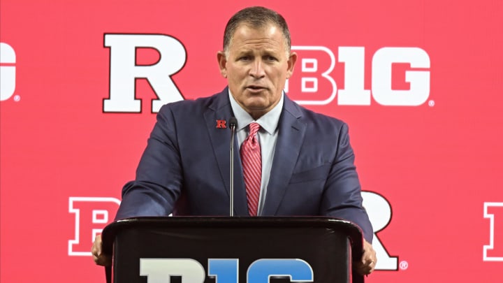 Jul 23, 2024; Indianapolis, IN, USA; Rutgers Scarlet Knights head coach Greg Schiano speaks to the media during the Big 10 football media day at Lucas Oil Stadium. Mandatory Credit: Robert Goddin-USA TODAY Sports