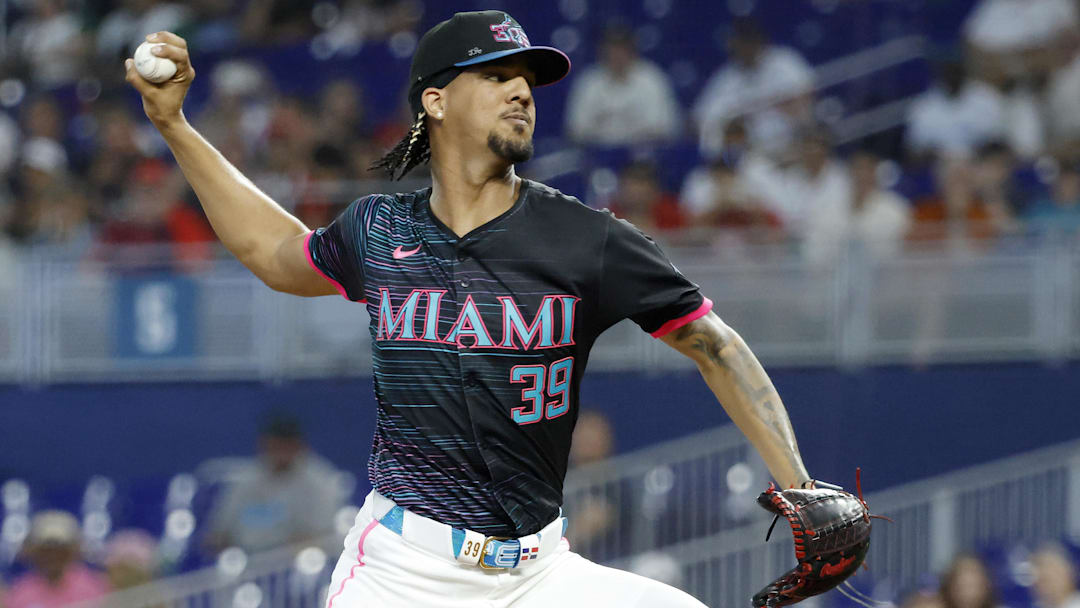 Jun 21, 2025; Miami, Florida, USA;  Miami Marlins starting pitcher Eury Perez (39) pitches against the Atlanta Braves during the first inning at loanDepot Park.