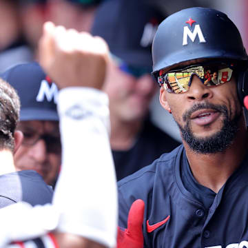 Minnesota Twins center fielder Byron Buxton (25) celebrates his solo home run against the New York Mets with teammates in the dugout during the second inning at Citi Field in New York on July 31, 2024.