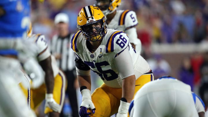 Sep 30, 2023; Oxford, Mississippi, USA; LSU Tigers offensive linemen Will Campbell (66) lines up before the snap during the second half  against the Mississippi Rebels at Vaught-Hemingway Stadium. Mandatory Credit: Petre Thomas-USA TODAY Sports