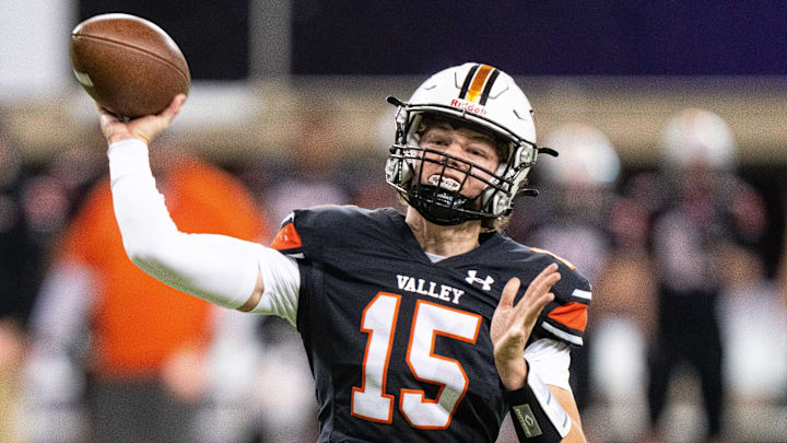 Valley's Drake DeGroote (15) looks to throw on Friday, Nov. 22, 2024, at the UNI-Dome in Cedar Falls, IA.
