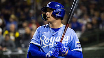 Mar 4, 2023; Surprise, Arizona, USA; Kansas City Royals outfielder Gavin Cross against the Los Angeles Dodgers during a spring training game at Surprise Stadium. Mandatory Credit: Mark J. Rebilas-Imagn Images