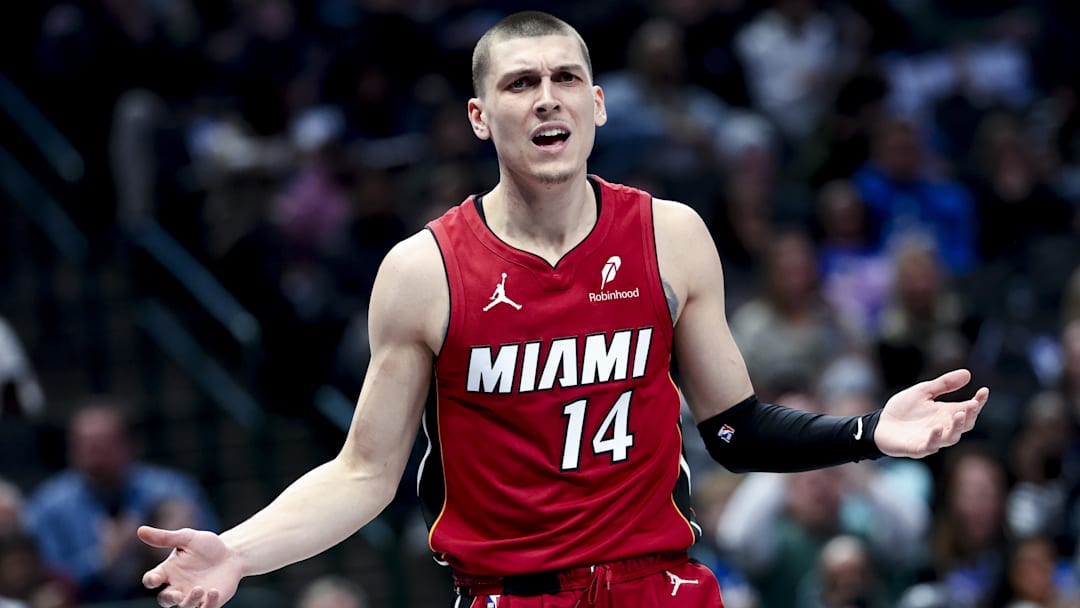 Miami Heat guard Tyler Herro (14) reacts (Mandatory Credit: Kevin Jairaj-Imagn Images)