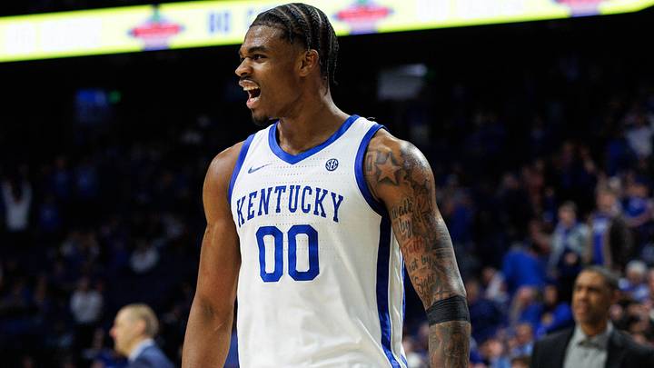 Feb 4, 2026; Lexington, Kentucky, USA; Kentucky Wildcats guard Otega Oweh (00) celebrates during the second half against the Oklahoma Sooners at Rupp Arena at Central Bank Center. Mandatory Credit: Jordan Prather-Imagn Images