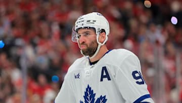 May 16, 2025; Sunrise, Florida, USA; Toronto Maple Leafs center John Tavares (91) looks on against the Florida Panthers during the first period in game six of the second round of the 2025 Stanley Cup Playoffs at Amerant Bank Arena. Mandatory Credit: Sam Navarro-Imagn Images