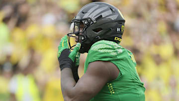 Sep 23, 2023; Eugene, Oregon, USA; Oregon Ducks defensive end Jordan Burch (1) celebrates after a sack during the first half against the Colorado Buffaloes at Autzen Stadium. Mandatory Credit: Soobum Im-USA TODAY Sports