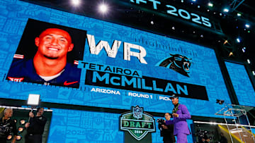 Wide receiver Tetairoa McMillan walks across the stage after being selected eighth overall by the Carolina Panthers during the first round of the 2025 NFL Draft on Thursday, April 24, 2025, at Lambeau Field in Green Bay, Wisconsin. The draft runs through April 26.
Tork Mason/USA TODAY NETWORK-Wisconsin