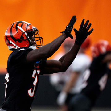 Cincinnati Bengals safety PJ Jules (37) catches a pass during an interception drill at Bengals spring practice at the IEL Indoor Facility in Cincinnati on Thursday, June 13, 2024.