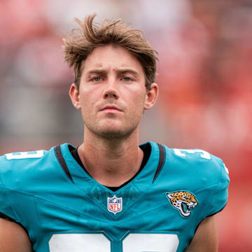 September 28, 2025; Santa Clara, California, USA; Jacksonville Jaguars place kicker Cam Little (39) after the game against the San Francisco 49ers at Levi's Stadium. Mandatory Credit: Kyle Terada-Imagn Images