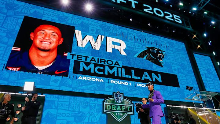 Wide receiver Tetairoa McMillan walks across the stage after being selected eighth overall by the Carolina Panthers during the first round of the 2025 NFL Draft on Thursday, April 24, 2025, at Lambeau Field in Green Bay, Wisconsin. The draft runs through April 26.
Tork Mason/USA TODAY NETWORK-Wisconsin