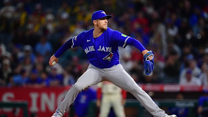 Apr 21, 2026; Anaheim, California, USA; Toronto Blue Jays pitcher Jeff Hoffman (23) throws against the Los Angeles Angels during the ninth inning at Angel Stadium. Mandatory Credit: Gary A. Vasquez-Imagn Images