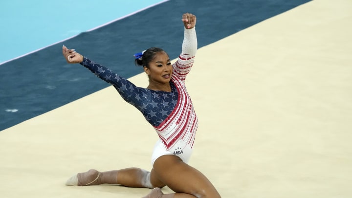 Jul 30, 2024; Paris, France; Jordan Chiles of the United States competes on the floor exercise during the women’s team final at the Paris 2024 Olympic Summer Games at Bercy Arena. Mandatory Credit: Jack Gruber-USA TODAY Sports