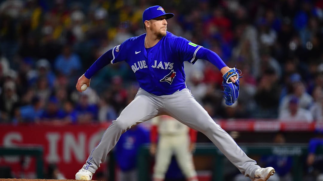 Apr 21, 2026; Anaheim, California, USA; Toronto Blue Jays pitcher Jeff Hoffman (23) throws against the Los Angeles Angels during the ninth inning at Angel Stadium. Mandatory Credit: Gary A. Vasquez-Imagn Images