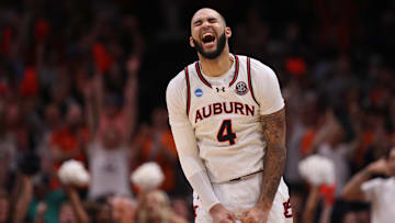 Mar 30, 2025; Atlanta, GA, USA; Auburn Tigers forward Johni Broome (4) celebrates after a play during the second half in the South Regional final of the 2025 NCAA tournament against the Michigan State Spartans at State Farm Arena. Mandatory Credit: Brett Davis-Imagn Images