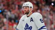 May 16, 2025; Sunrise, Florida, USA; Toronto Maple Leafs center John Tavares (91) looks on against the Florida Panthers during the first period in game six of the second round of the 2025 Stanley Cup Playoffs at Amerant Bank Arena. Mandatory Credit: Sam Navarro-Imagn Images