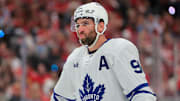May 16, 2025; Sunrise, Florida, USA; Toronto Maple Leafs center John Tavares (91) looks on against the Florida Panthers during the first period in game six of the second round of the 2025 Stanley Cup Playoffs at Amerant Bank Arena. Mandatory Credit: Sam Navarro-Imagn Images