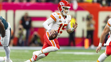 Feb 9, 2025; New Orleans, LA, USA;  Kansas City Chiefs quarterback Patrick Mahomes (15) against the Philadelphia Eagles in Super Bowl LIX at Ceasars Superdome.